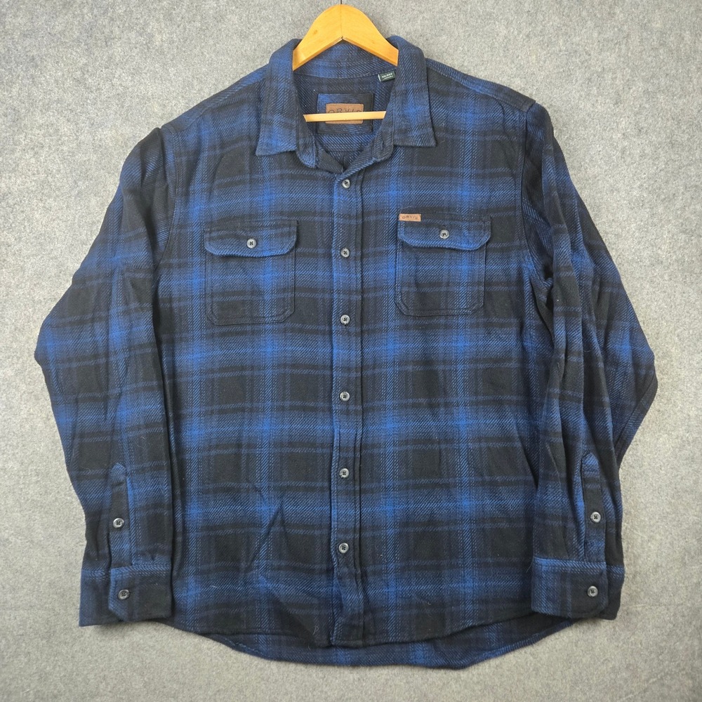 Orvis Flannel Shirt Mens XXL Blue Black Plaid Heavyweight Outdoor Workwear
